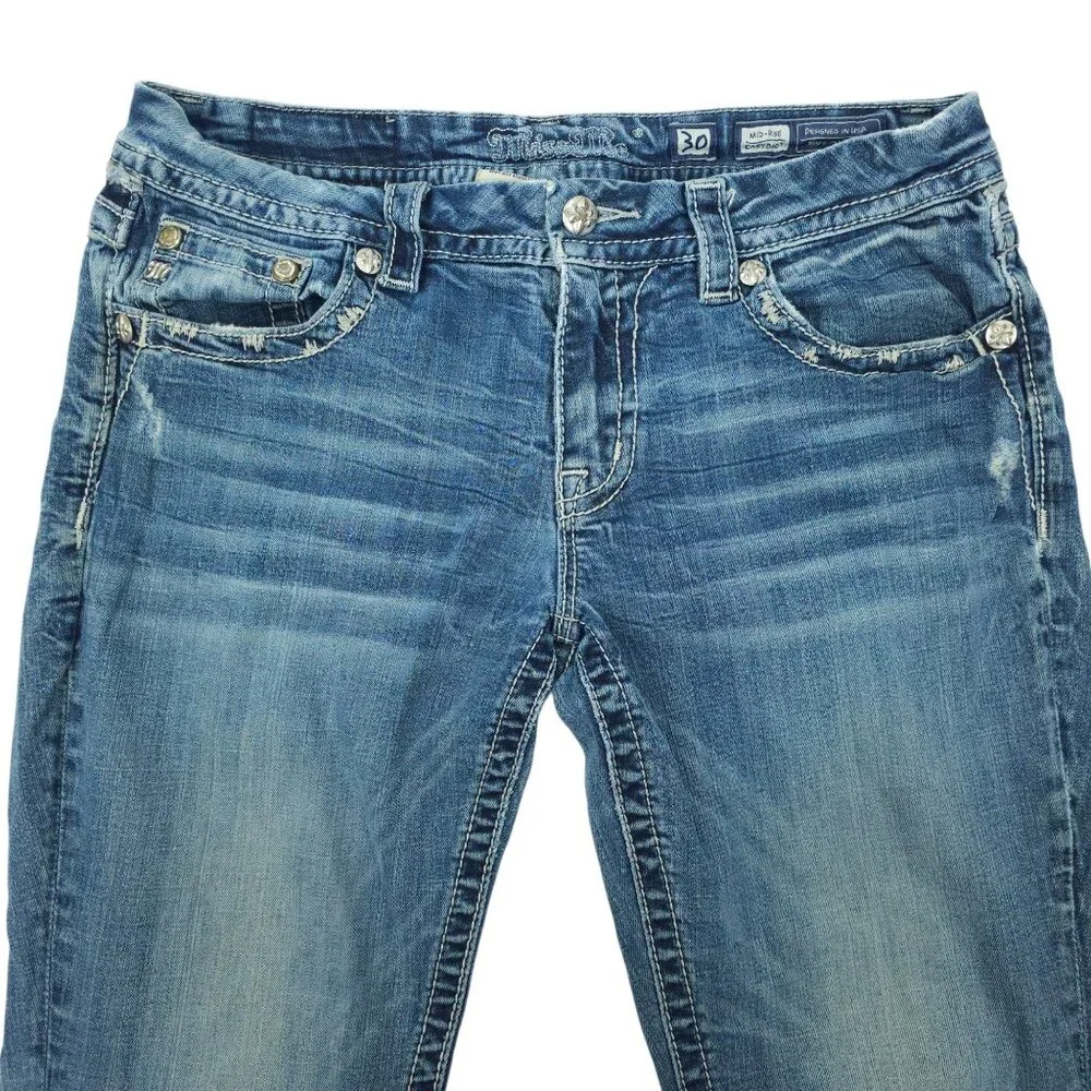 Miss Me Jeans Mid Rise Easy Boot Cut Faux Flap Size 30x29 READ Stretch Med Wash
